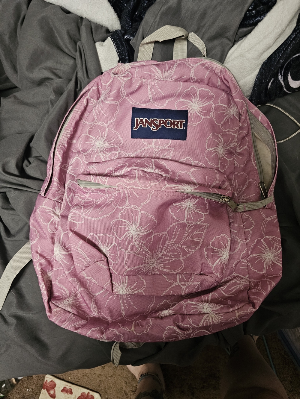 Jansport Pink Floral Backpack with White Hibiscus Pattern
